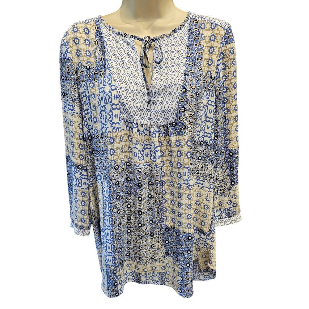 NYDJ EUC S relaxed fit peasant chiffon long sleeve toe neck boho patchwork top